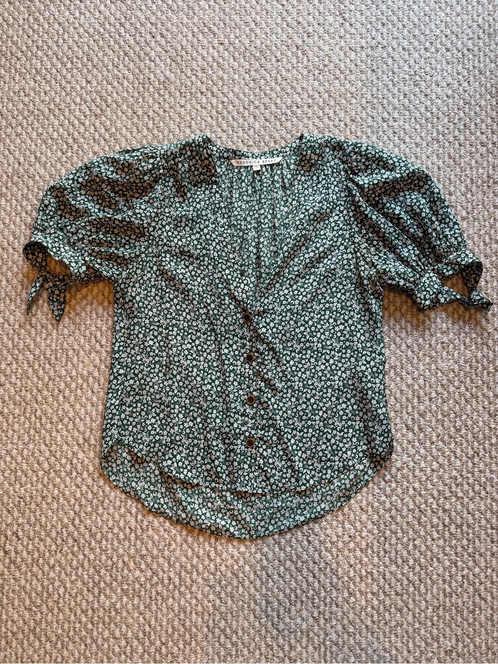 Veronica Beard Green Floral Button-Down Puff Sleeve Top